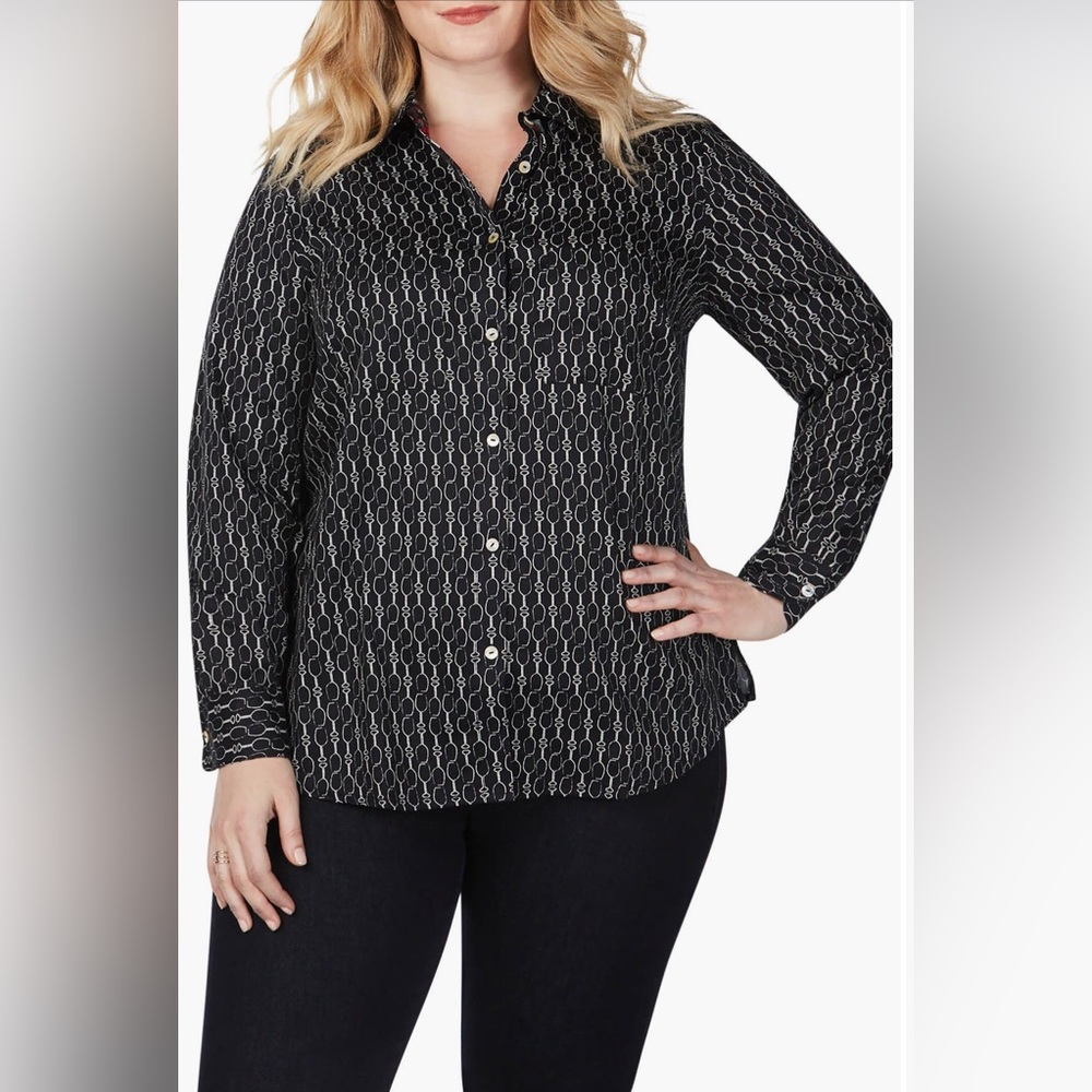 Foxcroft Wrinkle Free Cotton Button Down Shirt Wine Print Black Size 10